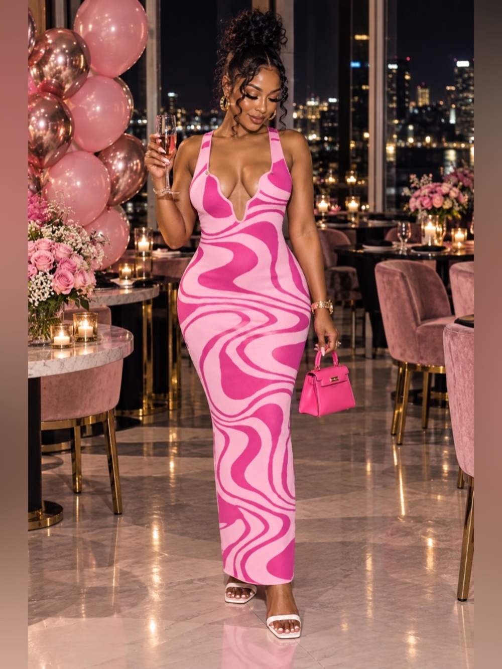 Women's Pink Patterned Bodycon Maxi Dress